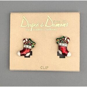 Vintage Draper's and Damon's Earrings Clip Ons Stockings Christmas Enamel